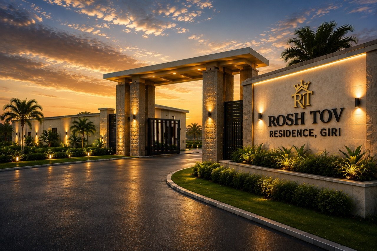 The illuminated grand entrance gate of Rosh Tov Residence photographed at dusk