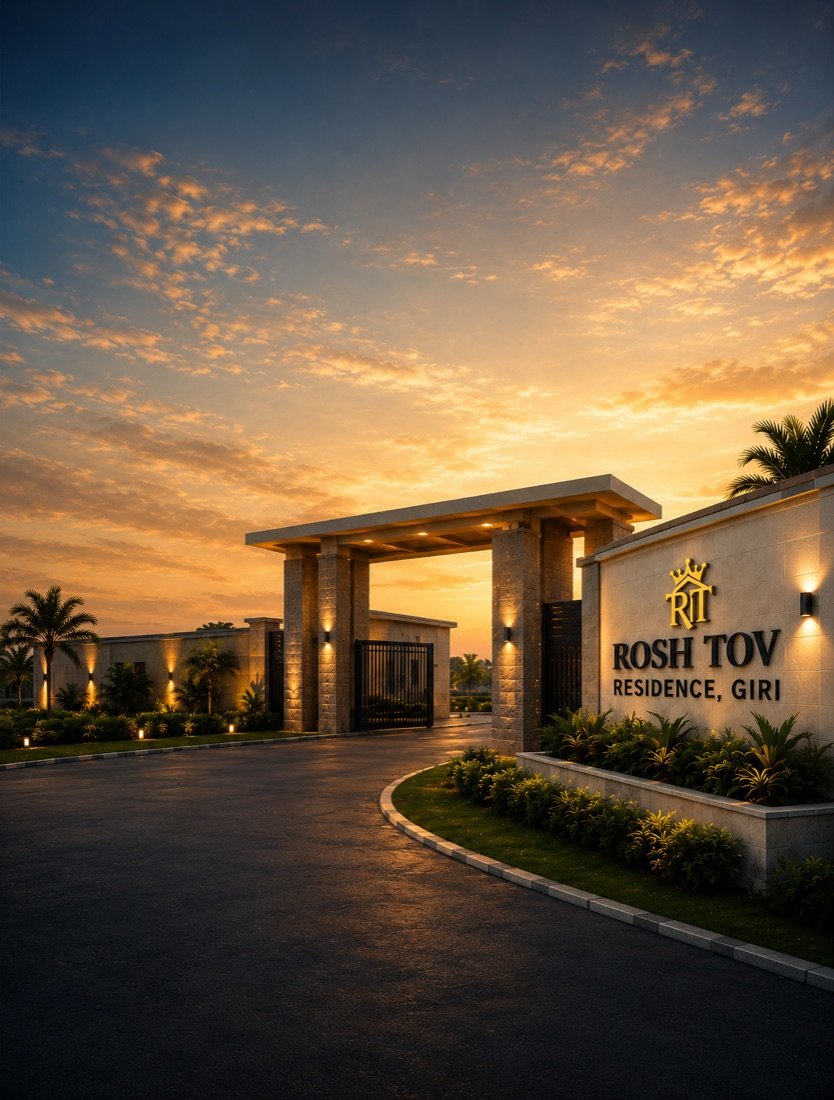 The Rosh Tov Residence, Giri signage wall and landscaped entrance illuminated at dusk